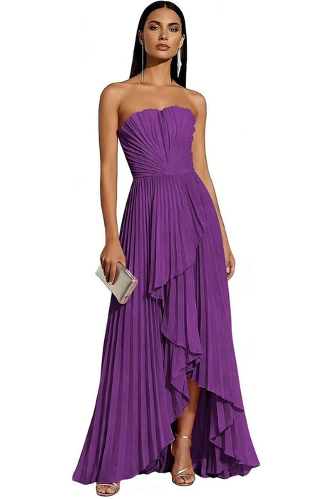 Strapless Pleated Chiffon High-Low Bridesmaid Dress
