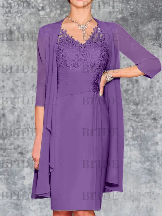 Purple Knee-Length V-Neck Sheath/Column Mother of the Bride Dresses
