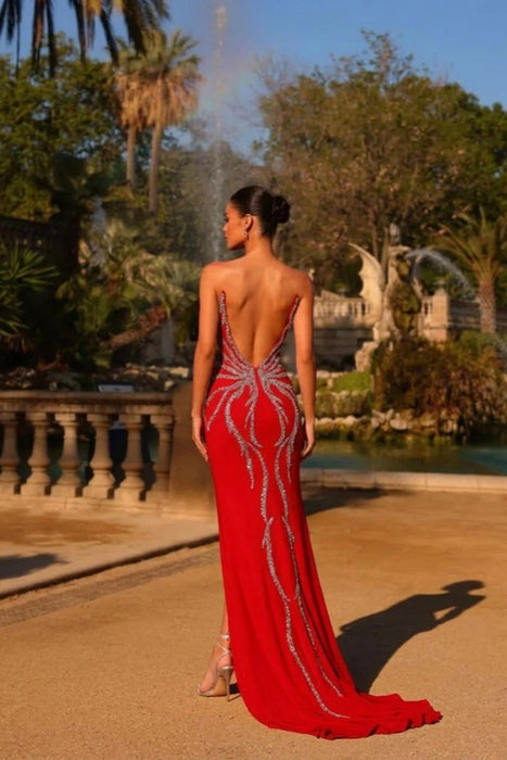 Red Strapless Sweetheart Rhinestone Cutout High Slit Mermaid Formal Evening Dress