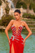 Red Strapless Sweetheart Rhinestone Cutout High Slit Mermaid Formal Evening Dress