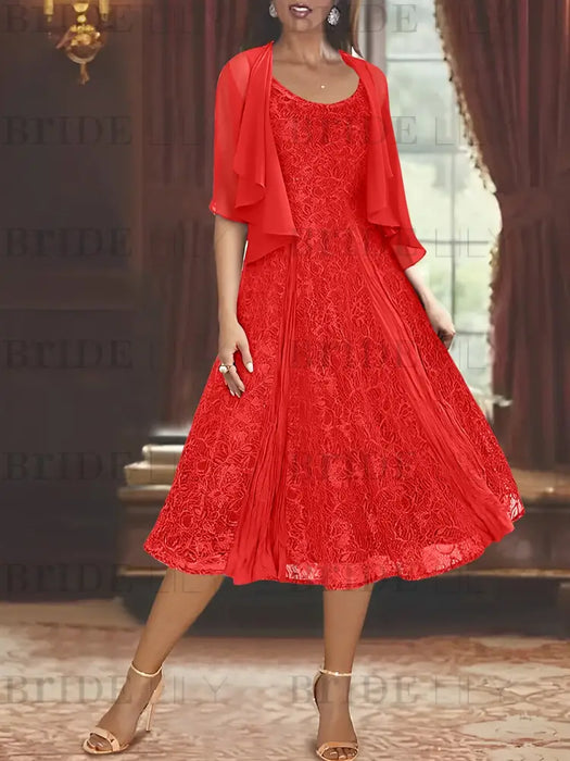 Princess A-Line Tea-Length Mother of the Bride Dress with Scoop Neck Half Sleeves Appliques and Jacket