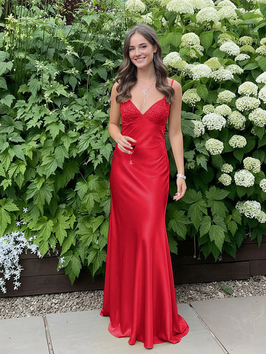 Red V-neck Beaded Satin A Line Prom Dress