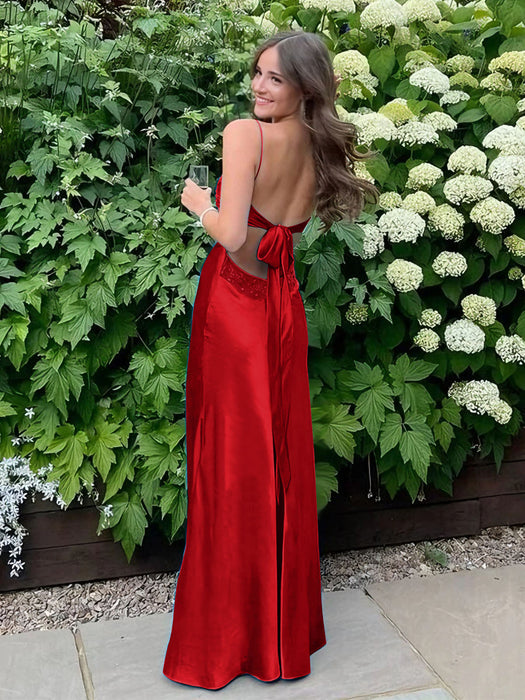 Red V-neck Beaded Satin A Line Prom Dress