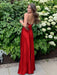 Red V-neck Beaded Satin A Line Prom Dress