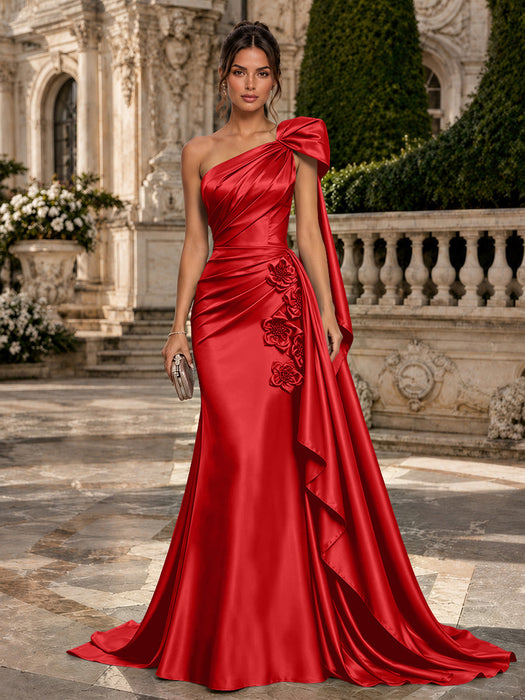 Red One Shoulder Satin Mermaid Evening Dresses with 3D Flowers