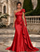 Red One Shoulder Satin Mermaid Evening Dresses with 3D Flowers