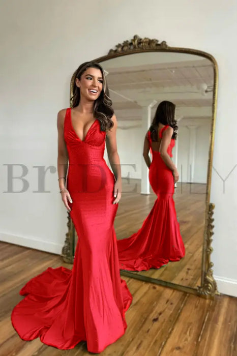 Red Prom Dress with Wide Shoulder V Neck Long Mermaid with Bead Embellishments - Prom Dresses