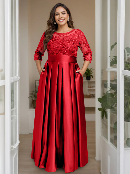 Red Plus Size Floor-Length Mother of the Bride A-Line Dress with 3/4 Sleeves Scoop Neck Bow & Sequins