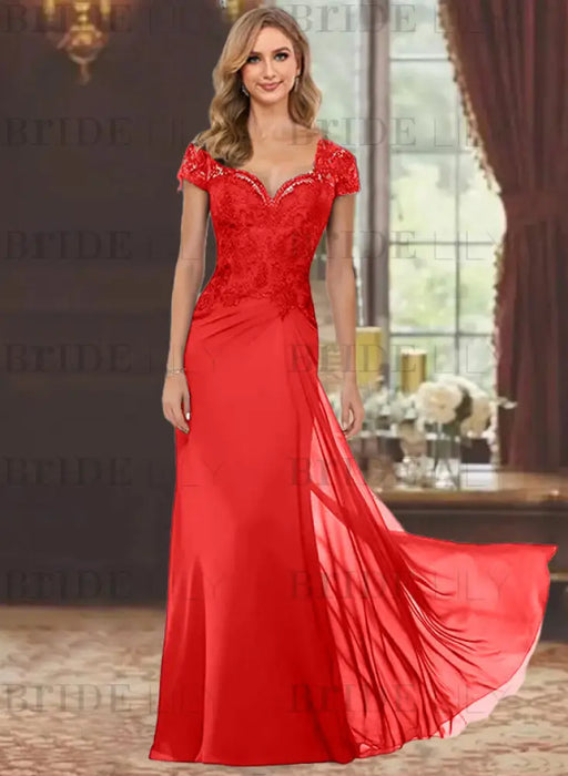 Sweetheart Short-Sleeve Floor-Length Sheath Mother of the Bride Dress with Lace Appliques & Sequins