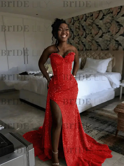 Red Sparkly Strapless Mermaid Sequined Prom Dress with Slit