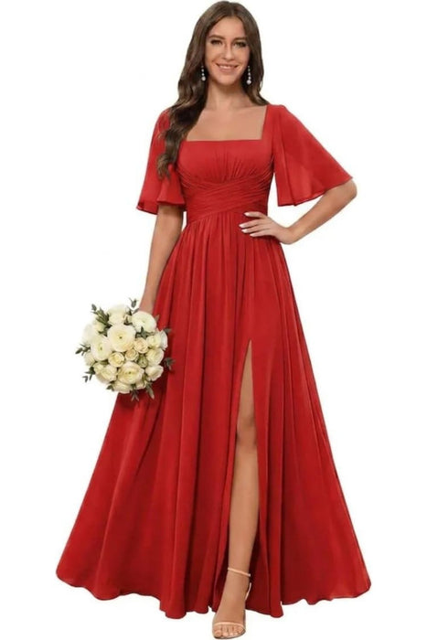Square Neck Ruffle Sleeve Chiffon Bridesmaid Dress with Slit