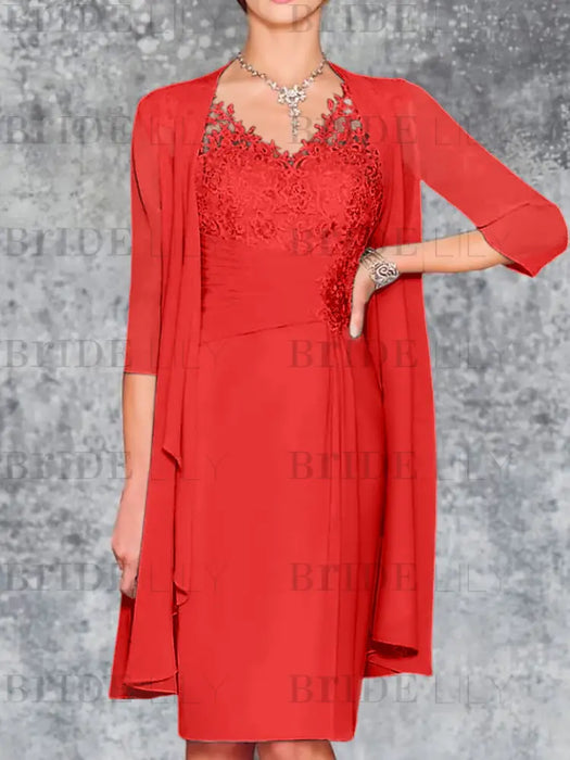 Red Knee-Length V-Neck Sheath/Column Mother of the Bride Dresses