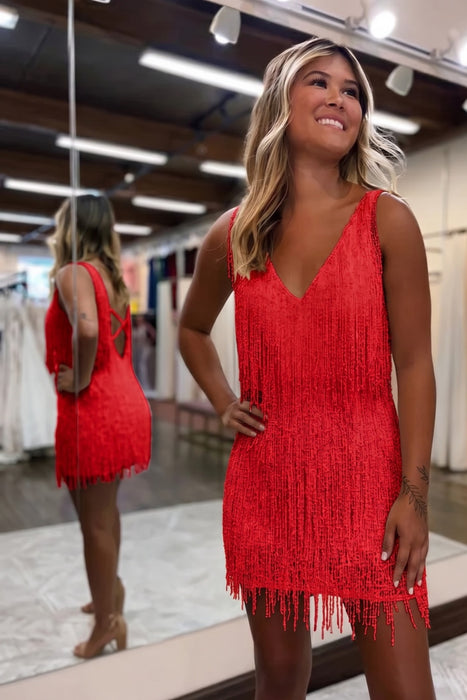 Red V-Neck Backless Tight Short Homecoming Dress with Fringes