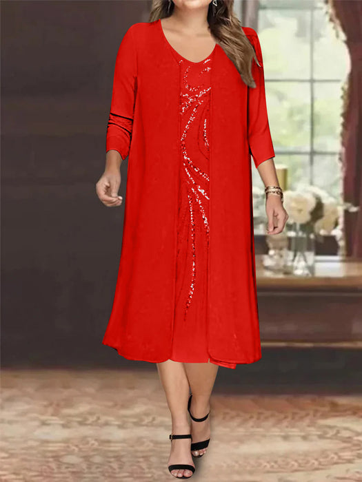 Red V-Neck Long-Sleeve Tea-Length Plus Size Mother of the Bride Dress with Jacket and Sequins