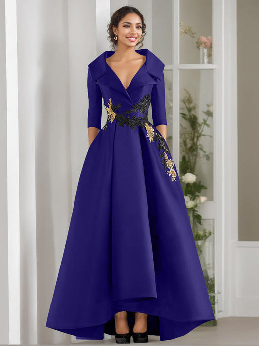 V-Neck A-Line Princess Floor-Length Mother of the Bride Dress with 3/4 Sleeves Appliques and Beading