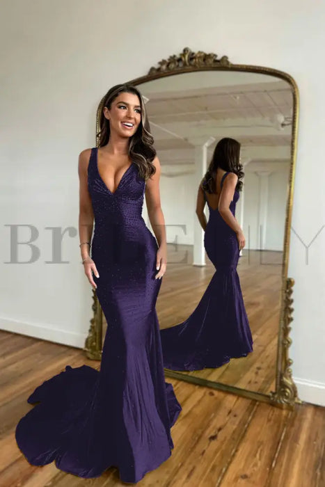 Regency Prom Dress Mermaid V Neck Long Evening Dress with Beadings - Prom Dresses