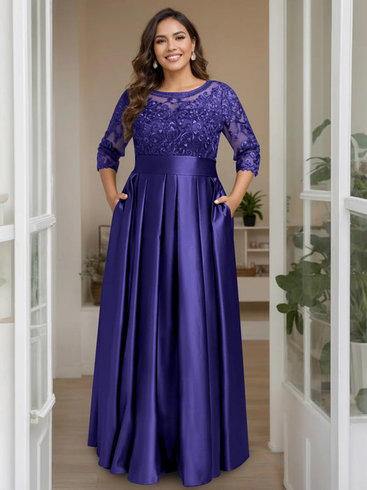 Regency Plus Size Floor-Length Mother of the Bride A-Line Dress with 3/4 Sleeves Scoop Neck Bow & Sequins