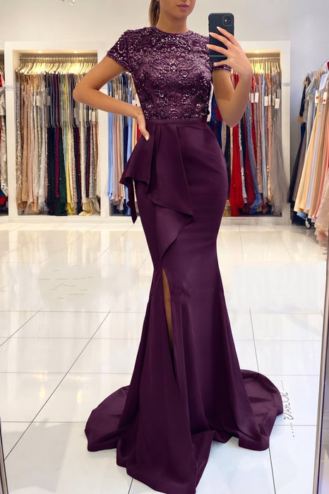 Regency Short Sleeve Lace Mermaid Prom Dress with Slit
