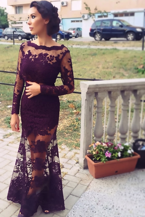 Regency Trumpet/Mermaid Bateau Long Sleeves Applique Lace Dresses - Prom Dresses