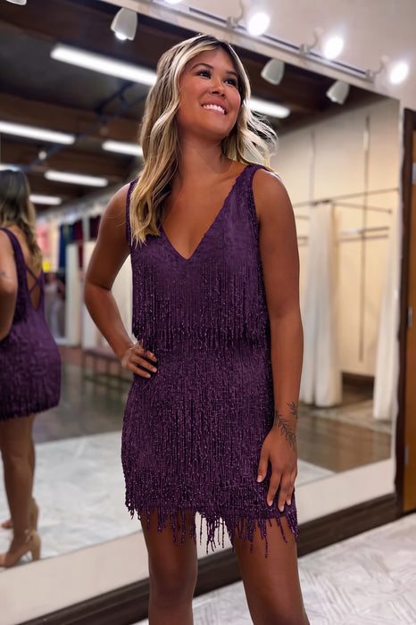 Regency V-Neck Backless Tight Short Homecoming Dress with Fringes