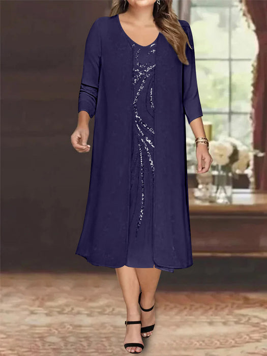 Regency V-Neck Long-Sleeve Tea-Length Plus Size Mother of the Bride Dress with Jacket and Sequins