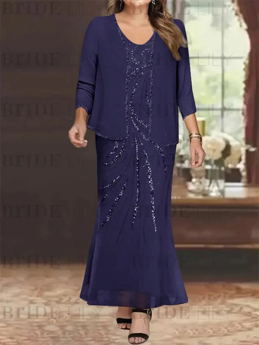 Plus Size V-Neck Ankle-Length Sheath/Column Mother of the Bride Dresses with Sequins & Jacket
