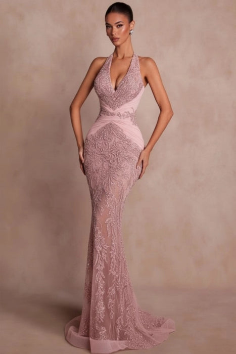 Halter Dark Green Mermaid Prom Dress Glitter Sequins Evening Gown