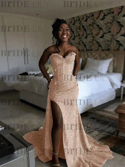 Rose Gold Sparkly Strapless Mermaid Sequined Prom Dress with Slit