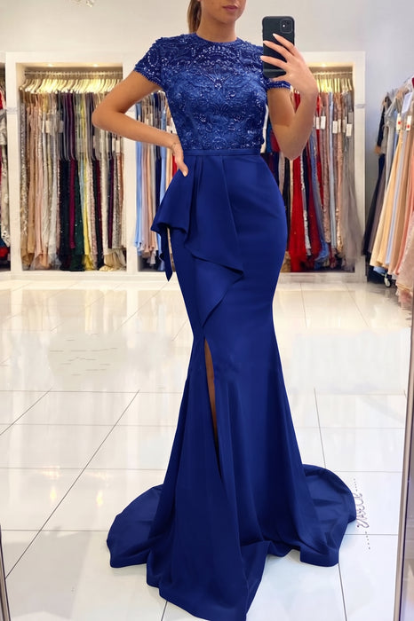 Royal Blue Short Sleeve Lace Mermaid Prom Dress with Slit
