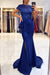 Royal Blue Short Sleeve Lace Mermaid Prom Dress with Slit