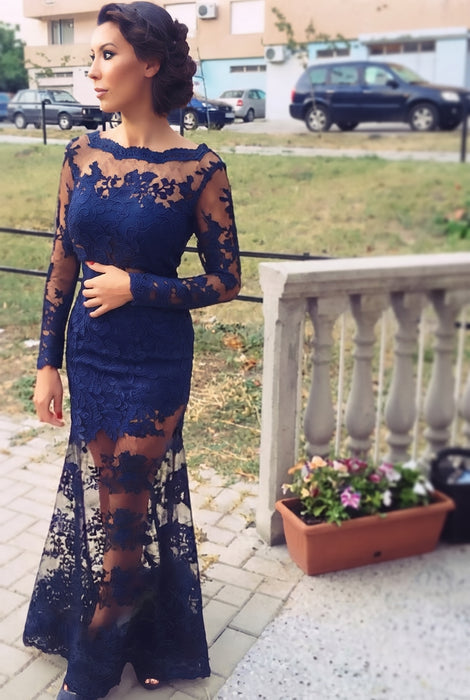Royal Blue Trumpet/Mermaid Bateau Long Sleeves Applique Lace Dresses - Prom Dresses