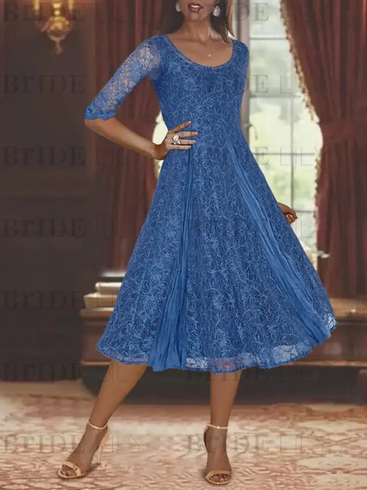 Princess A-Line Tea-Length Mother of the Bride Dress with Scoop Neck Half Sleeves Appliques and Jacket
