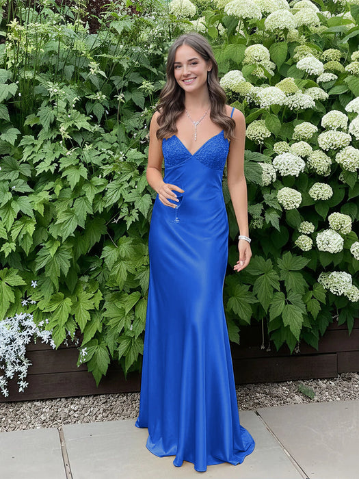 Royal Blue V-neck Beaded Satin A Line Prom Dress