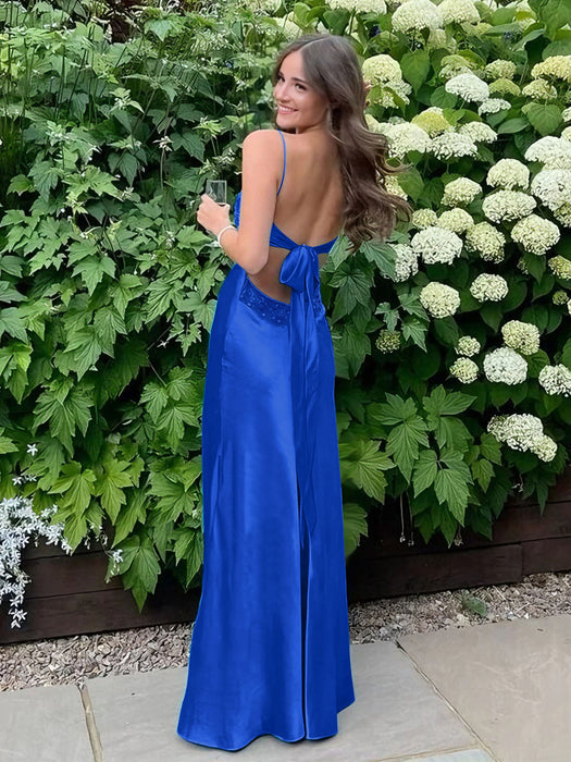 Royal Blue V-neck Beaded Satin A Line Prom Dress