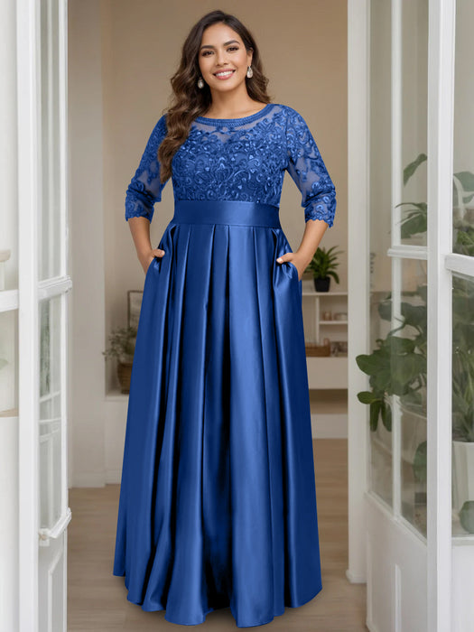 Royal Blue Plus Size Floor-Length Mother of the Bride A-Line Dress with 3/4 Sleeves Scoop Neck Bow & Sequins