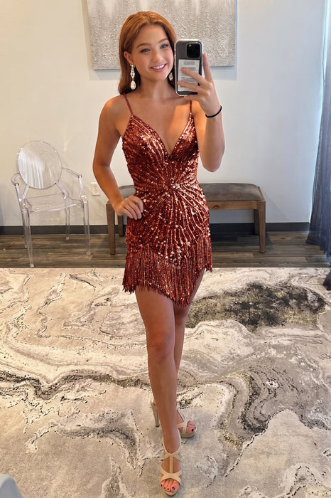 Rust Sparkly Beaded Tight Short Homecoming Dress with Fringes