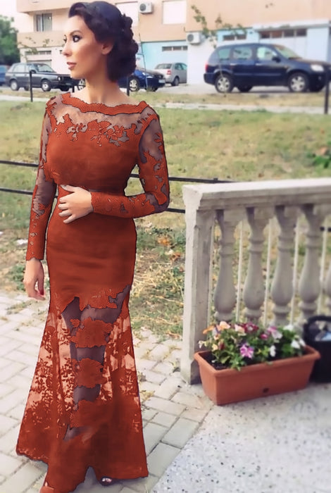 Rust Trumpet/Mermaid Bateau Long Sleeves Applique Lace Dresses - Prom Dresses