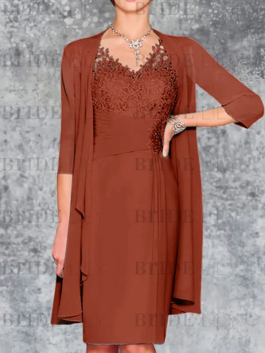 Rust Knee-Length V-Neck Sheath/Column Mother of the Bride Dresses