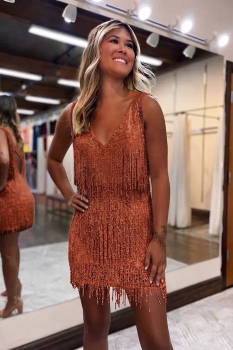 Rust V-Neck Backless Tight Short Homecoming Dress with Fringes