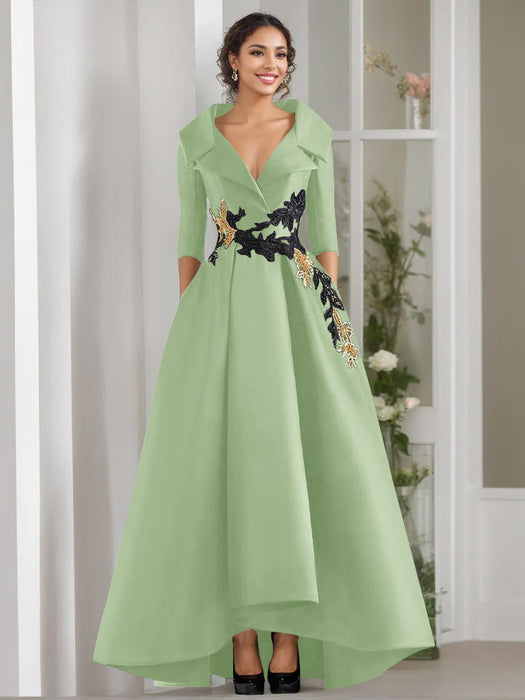 V-Neck A-Line Princess Floor-Length Mother of the Bride Dress with 3/4 Sleeves Appliques and Beading