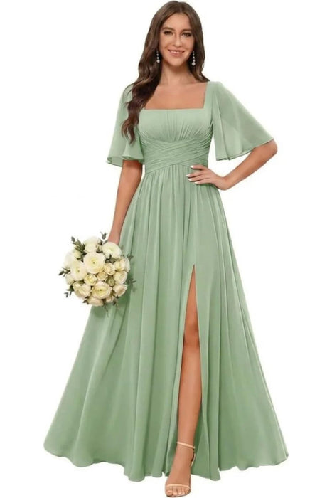 Square Neck Ruffle Sleeve Chiffon Bridesmaid Dress with Slit
