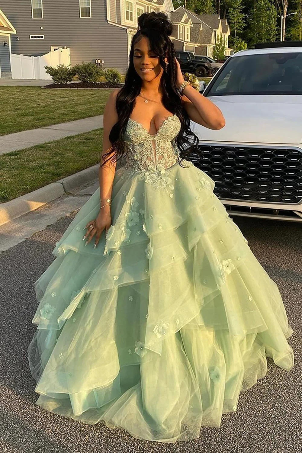 Spaghetti Straps Tulle A-Line Prom Dress Floral Ruffles Corset Gown -Bridelily Spaghetti Straps Tulle A-Line Prom Dress Floral Ruffles Corset Gown -Bridelily
