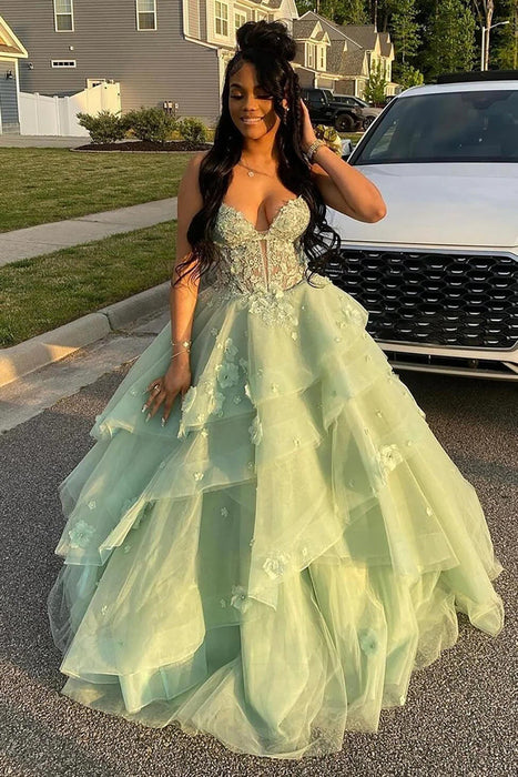 Spaghetti Straps Tulle Aline Prom Dress Floral Tiered Ruffles Corset Formal Dress