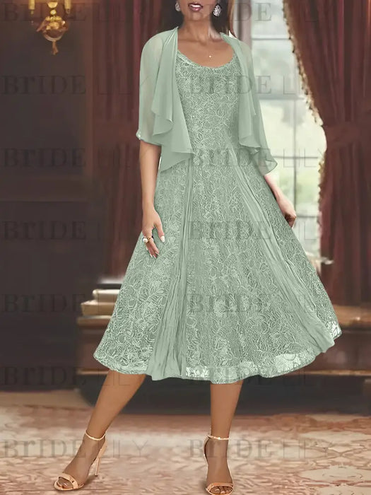Princess A-Line Tea-Length Mother of the Bride Dress with Scoop Neck Half Sleeves Appliques and Jacket