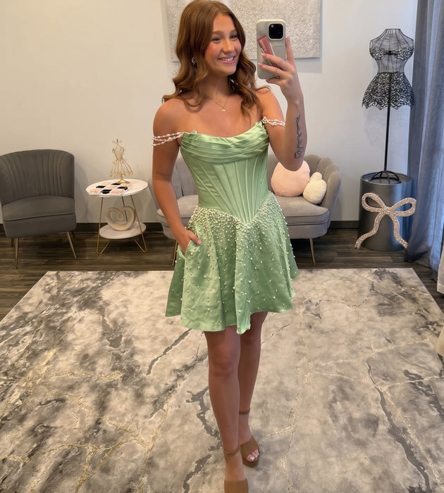 Sage Pearl Corset Homecoming Dress with Off-Shoulder Straps