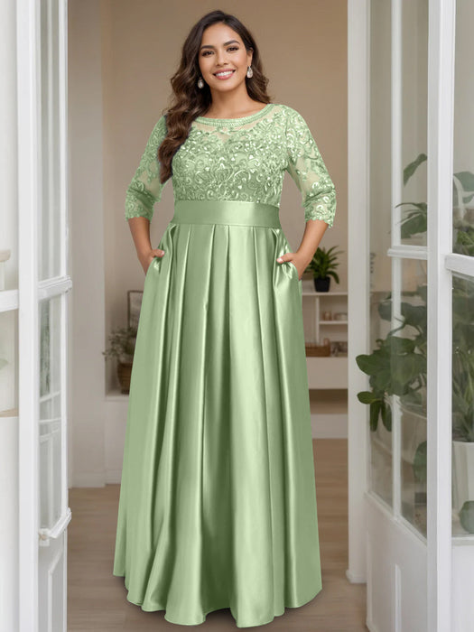 Sage Plus Size Floor-Length Mother of the Bride A-Line Dress with 3/4 Sleeves Scoop Neck Bow & Sequins