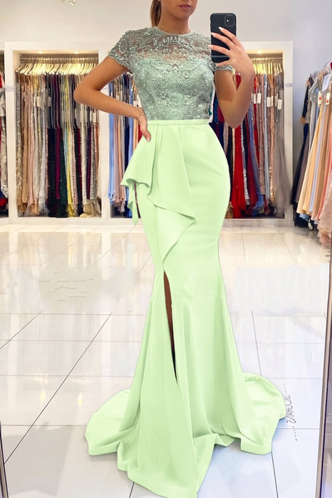 Sage Short Sleeve Lace Mermaid Prom Dress with Slit