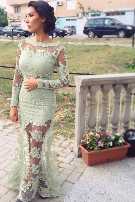 Sage Trumpet/Mermaid Bateau Long Sleeves Applique Lace Dresses - Prom Dresses