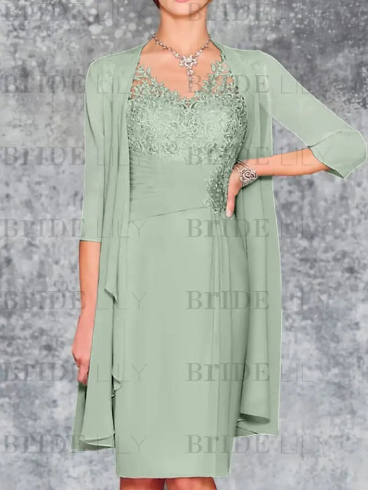 Sage Knee-Length V-Neck Sheath/Column Mother of the Bride Dresses