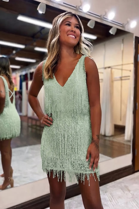 Sage V-Neck Backless Tight Short Homecoming Dress with Fringes